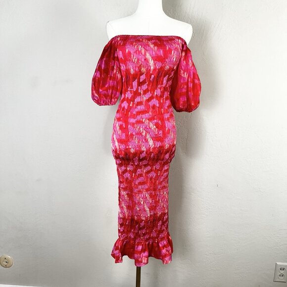 Never Fully Dressed Pink Midi Dress Size Small Puff Sleeve‎ Smocked Off Shoulder - Picture 1 of 11
